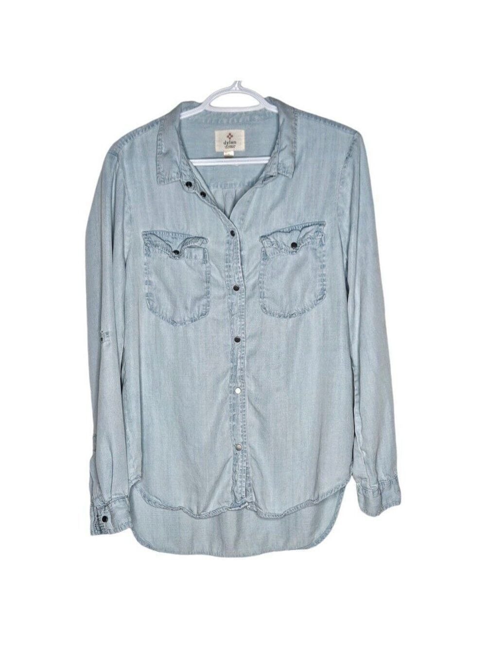 DYLAN Denim Shirt Women's Size Small Roll Up sleeves 100% Tencel Light Blue